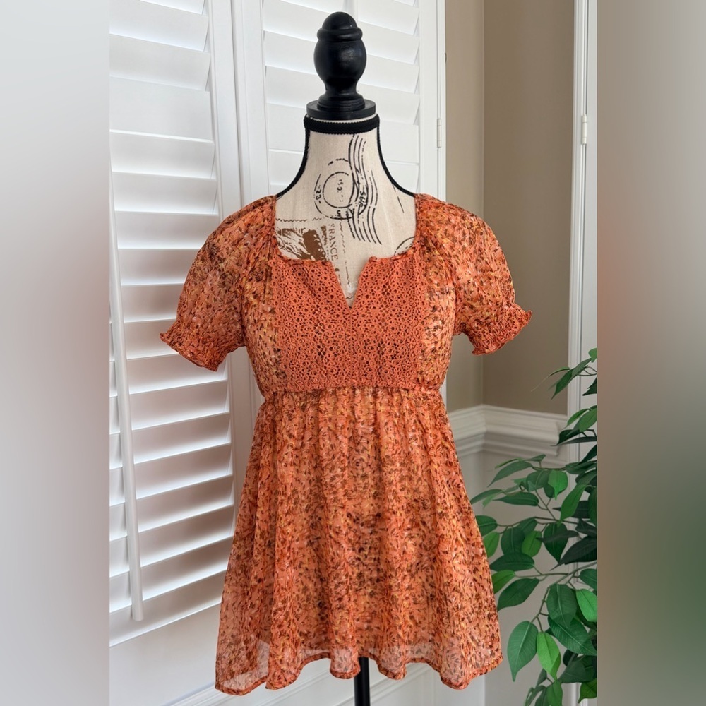 Mudd Boho Orange Floral Crochet Lace Mini Dress Tunic Top Womens XS JWM112621PR